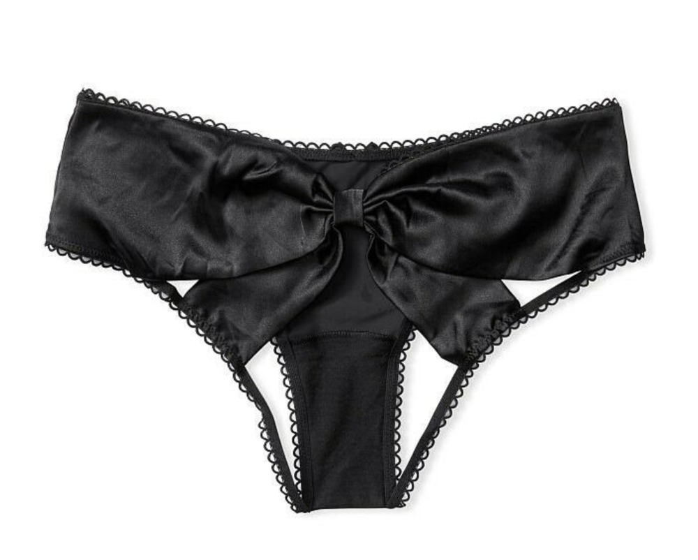 NEW VICTORIA'S SECRET VERY SEXY BLACK SATIN BOW OUVERT CHEEKY PANTY SIZE SMALL